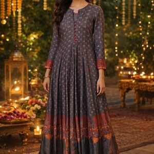 Vasansi Jaipur Gray Silk Printed Anarkali Ceremonial Gown Small 31